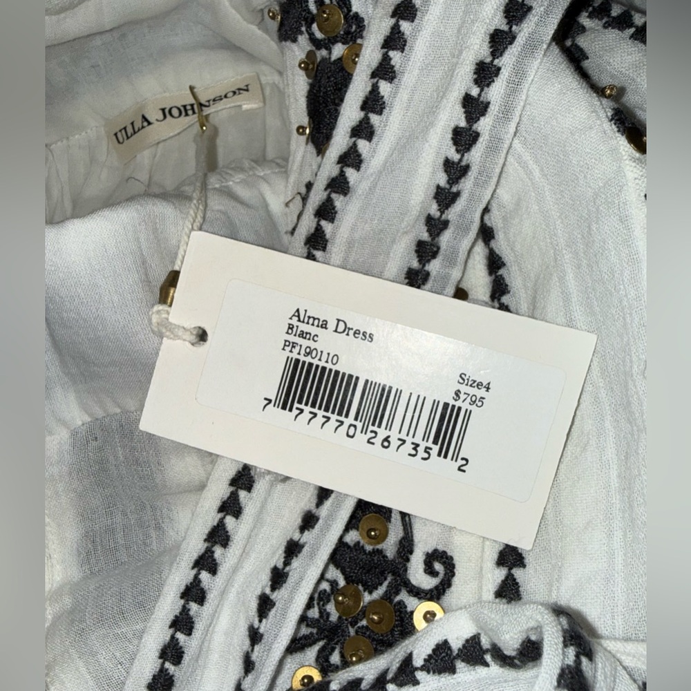 Ulla Johnson Alma Dress Blanc 100% Cotton Gauze 4 Maxi Sequin Embroidered $795 - Picture 5 of 11